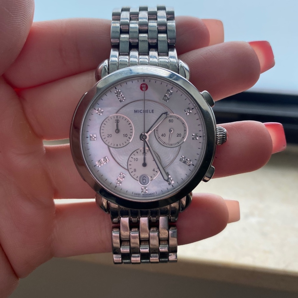 USED SLIGHTLY MICHELE SIDNEY MW30A00A0046 STAINLESS WHITE MOP DIAMOND DIAL WATCH